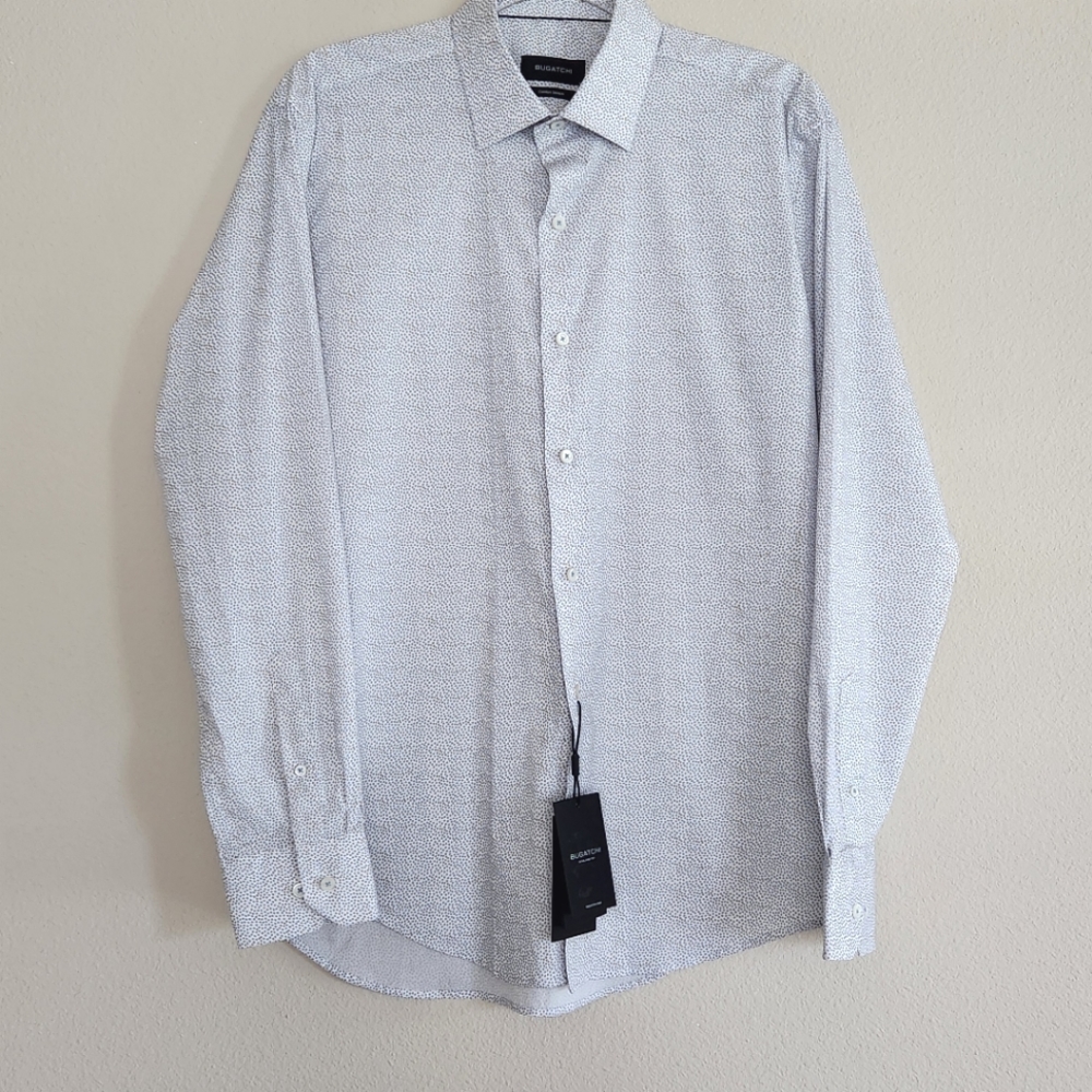 Bugatchi Comfort Stretch White Dot Long Sleeve Button Up Shirt Size 15.5 NWT